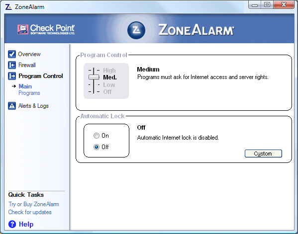 Zone Alarm Program Control