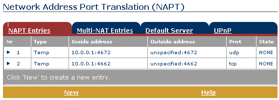 Portforwarding: NAPT entries Alcatel SpeedTouch modem
