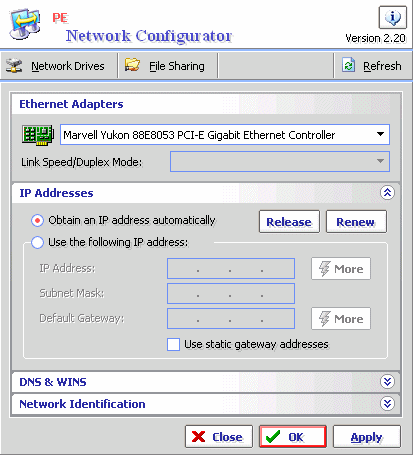 Network settings PE Network Configurator.