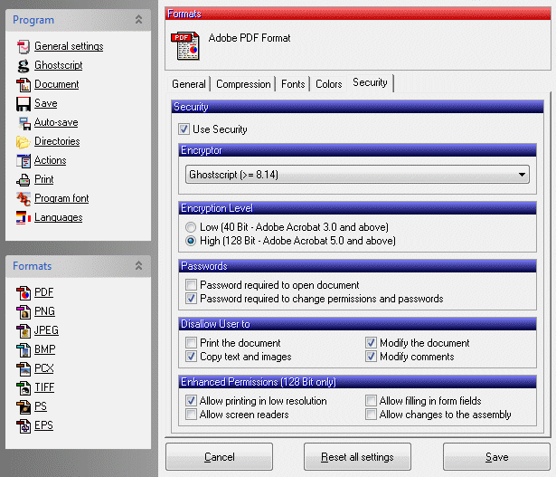 Security settings of PDF file created by PDFCreator.