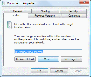 Moving the folder of personal documents with the tab Location