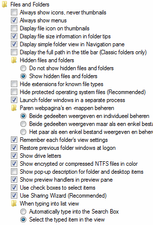 Organizing Windows Explorer options