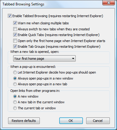Internet Explorer: settings for browsing with tabs