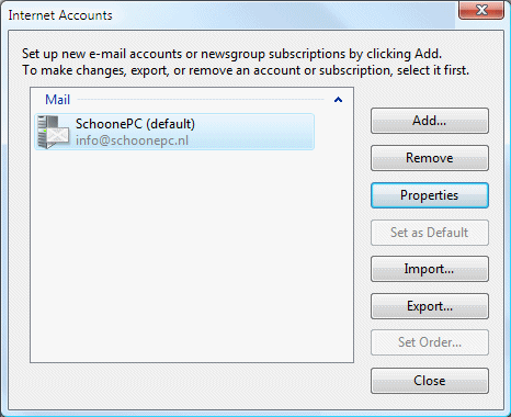 Changing the properties of a new e-mail account in Windows Mail