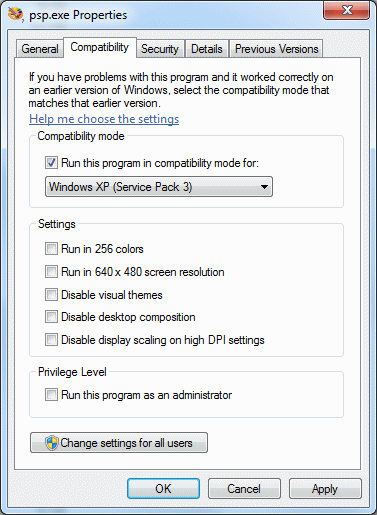 Compatibility mode Windows 7 for older software