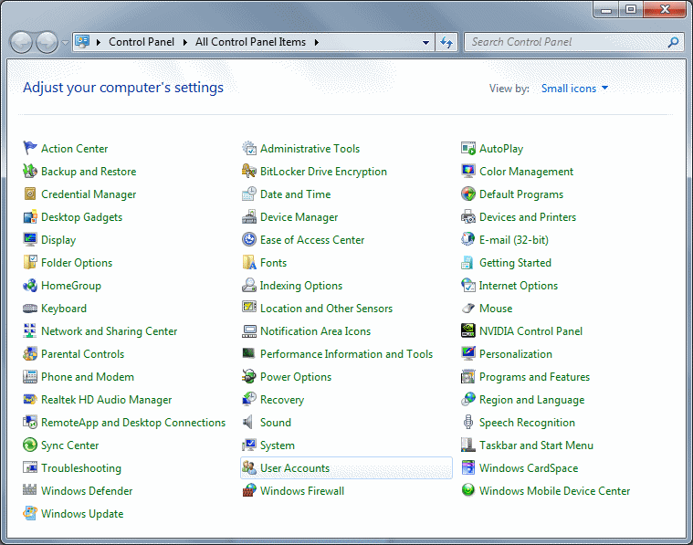Windows 7 Control Panel (small icons)