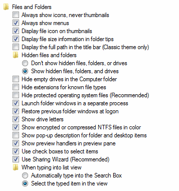 Windows Explorer Folder options